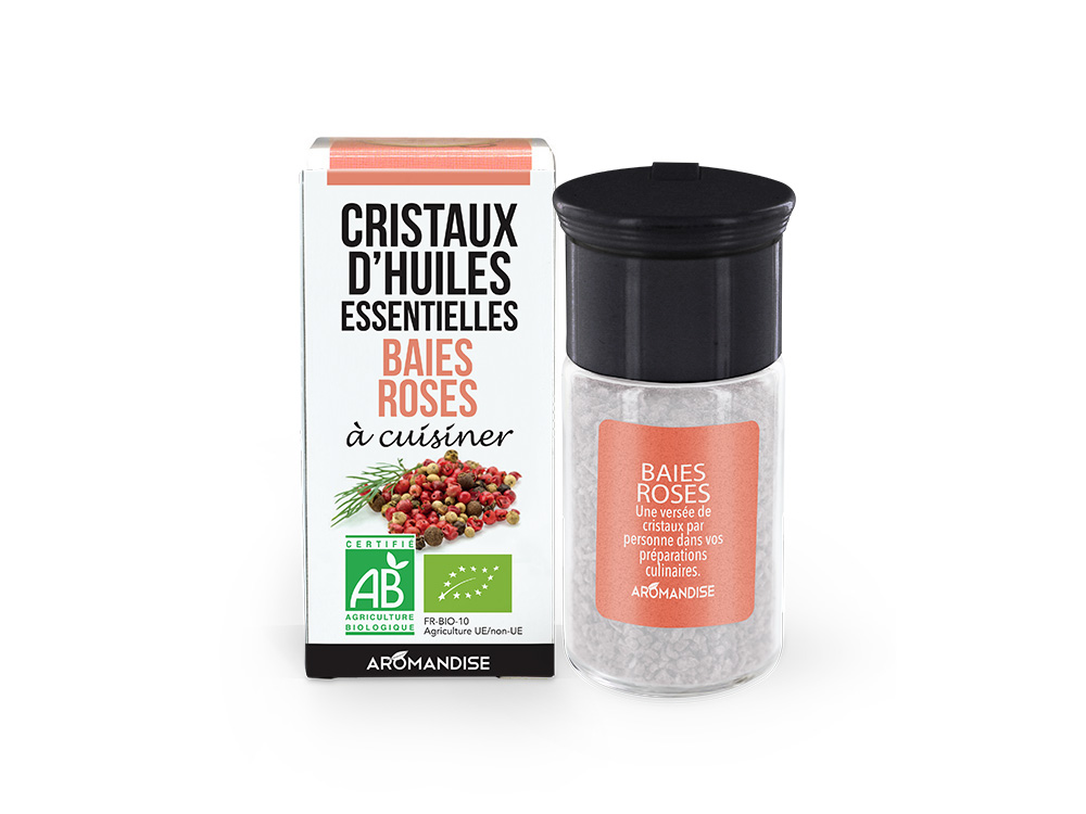cristaux d'huiles essentielles de baies roses